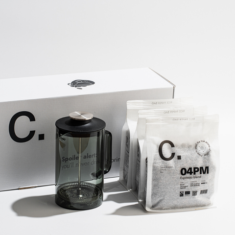 French Press Set + 3 gemahlene Kaffees – 10AM / 01PM / 04PM