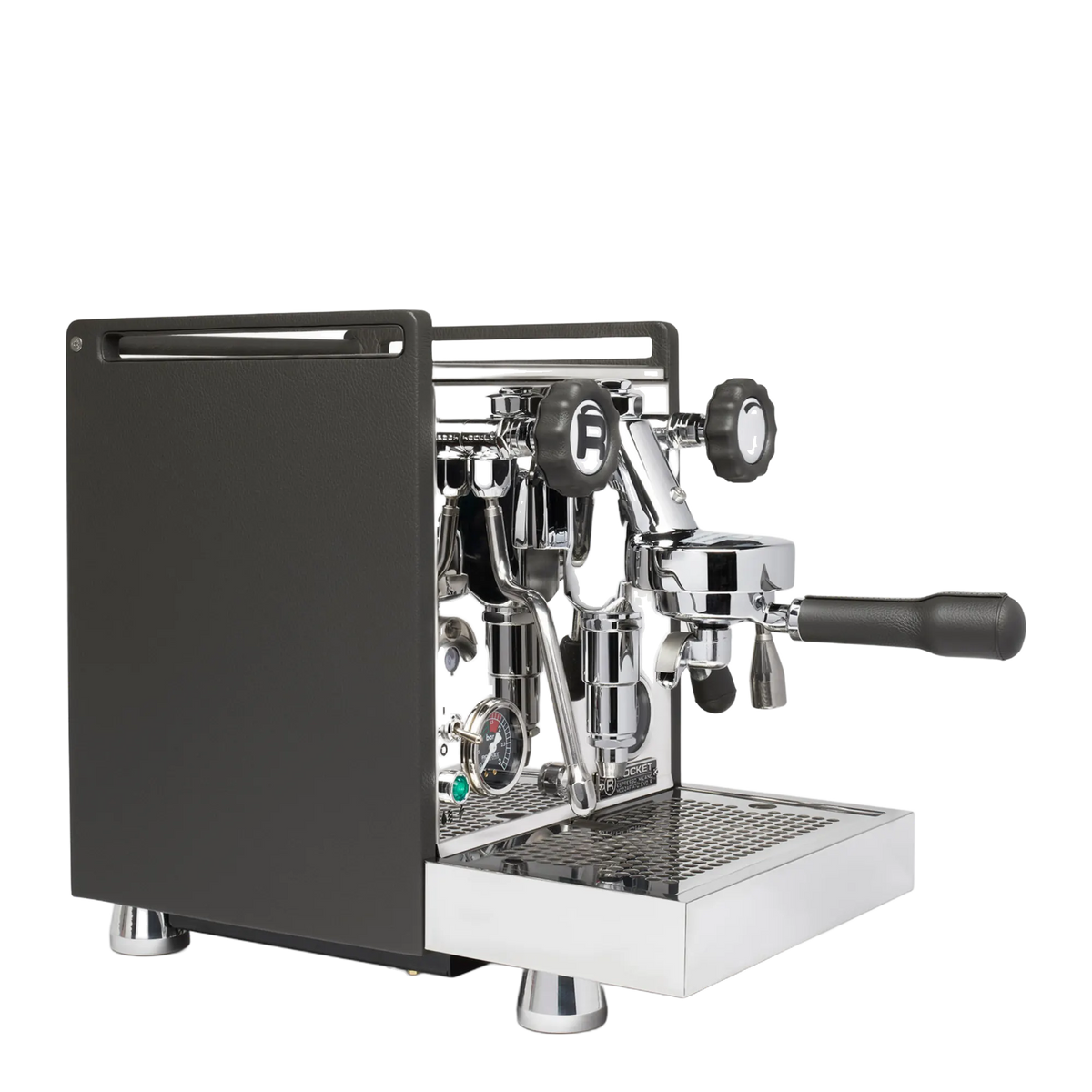 Rocket Espresso Mozzafiato Evo R Pelle – édition spéciale panneaux en cuir noir, vue de trois quarts
